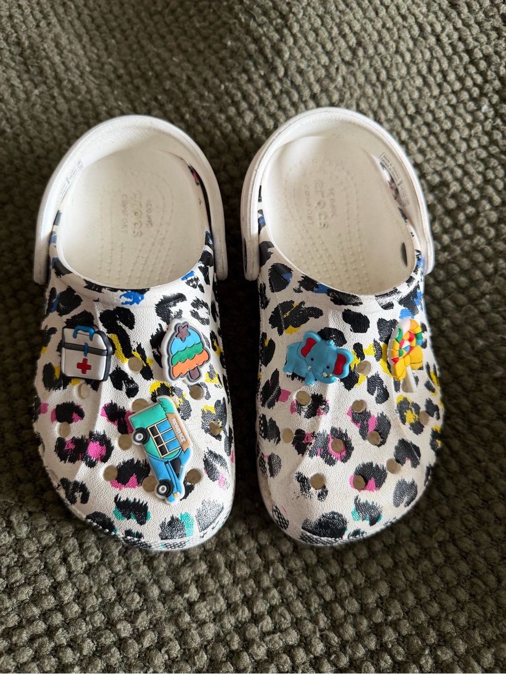CROCS Kids White Leopard Print Clogs with Colorful Charms